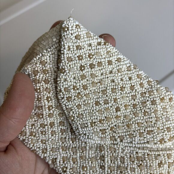 Vintage Beaded Belt Bag Clutch Snap Close Ivory Hand Made In France Lattice - Picture 7 of 7